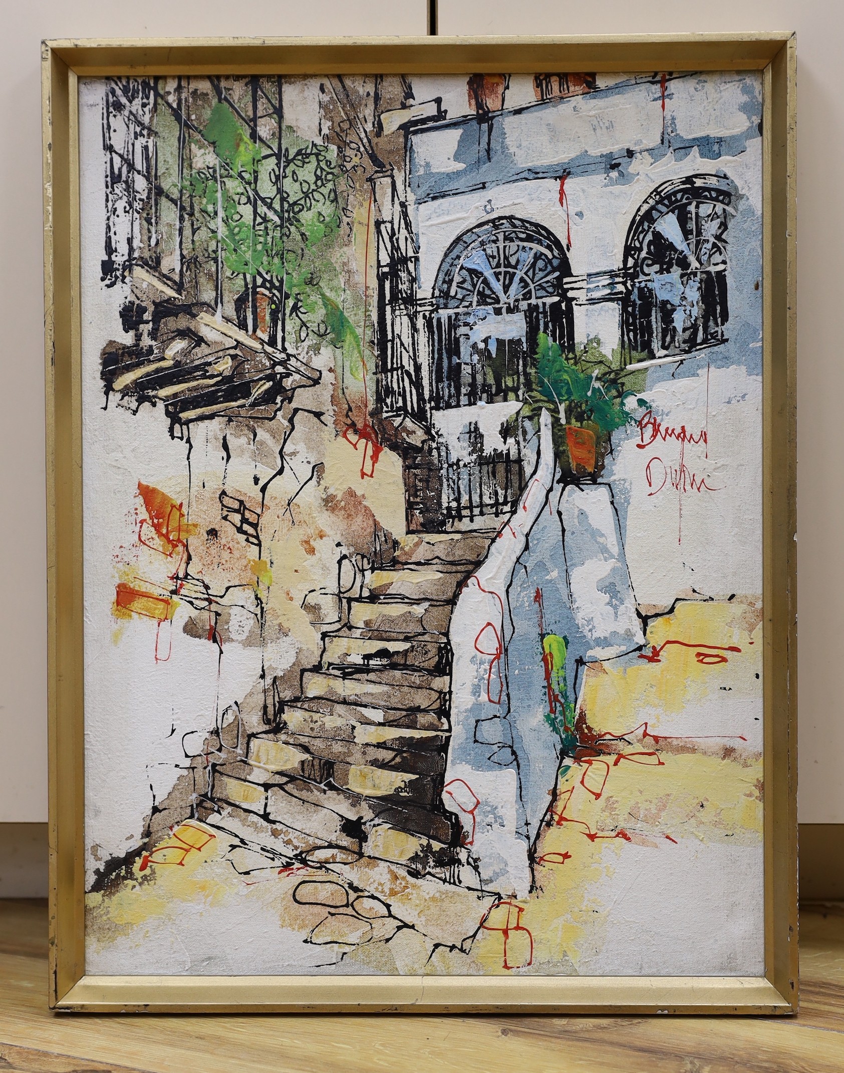 Bernard Dufour (1922-2016), oil on canvas board, Mediterranean steps, 35 x 44cm